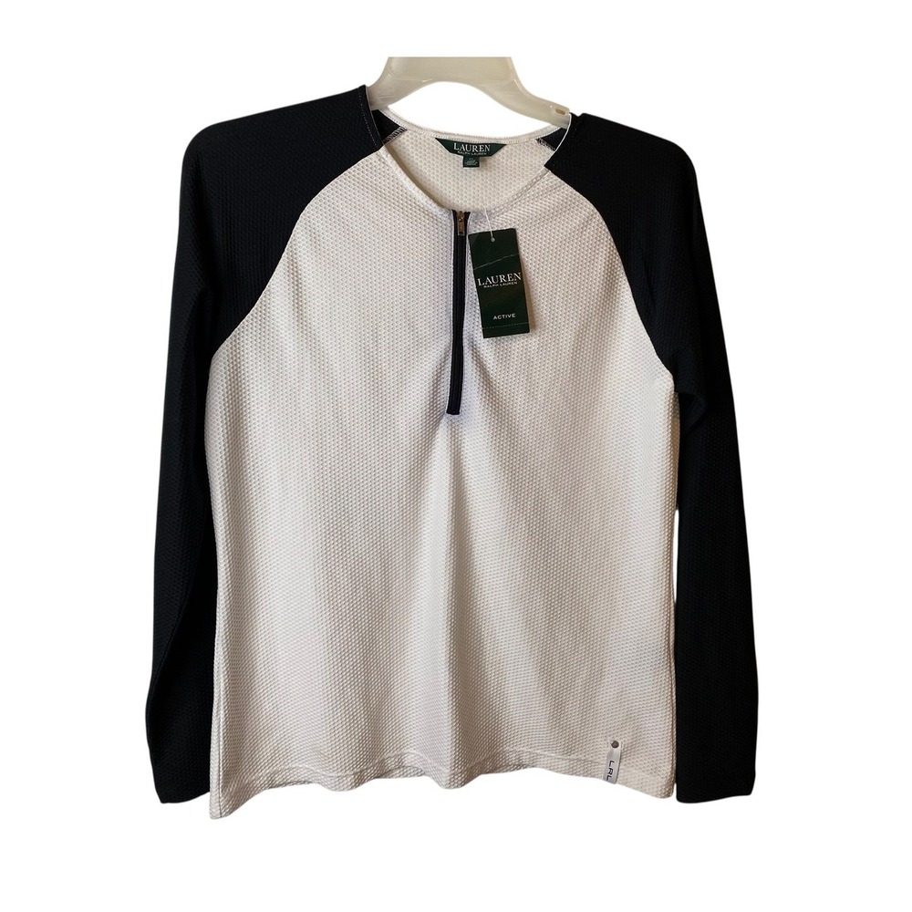 Lauren Ralph Lauren Active Women XL Waffle Knit Quarter Zip Pullover White Black